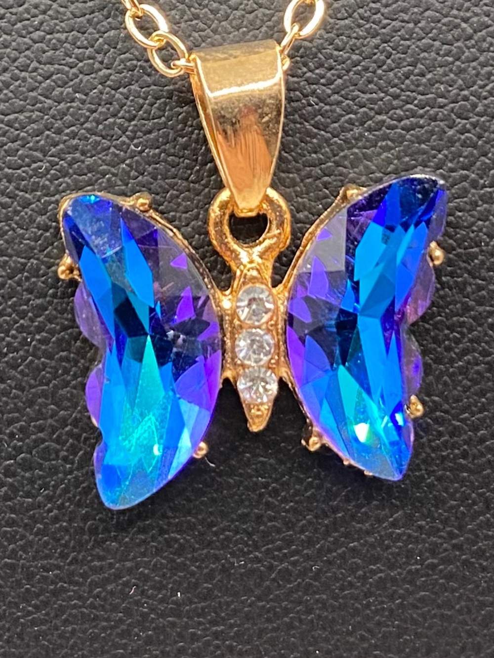 Blue Purple Butterfly Pendant Necklace - Gold Tone
